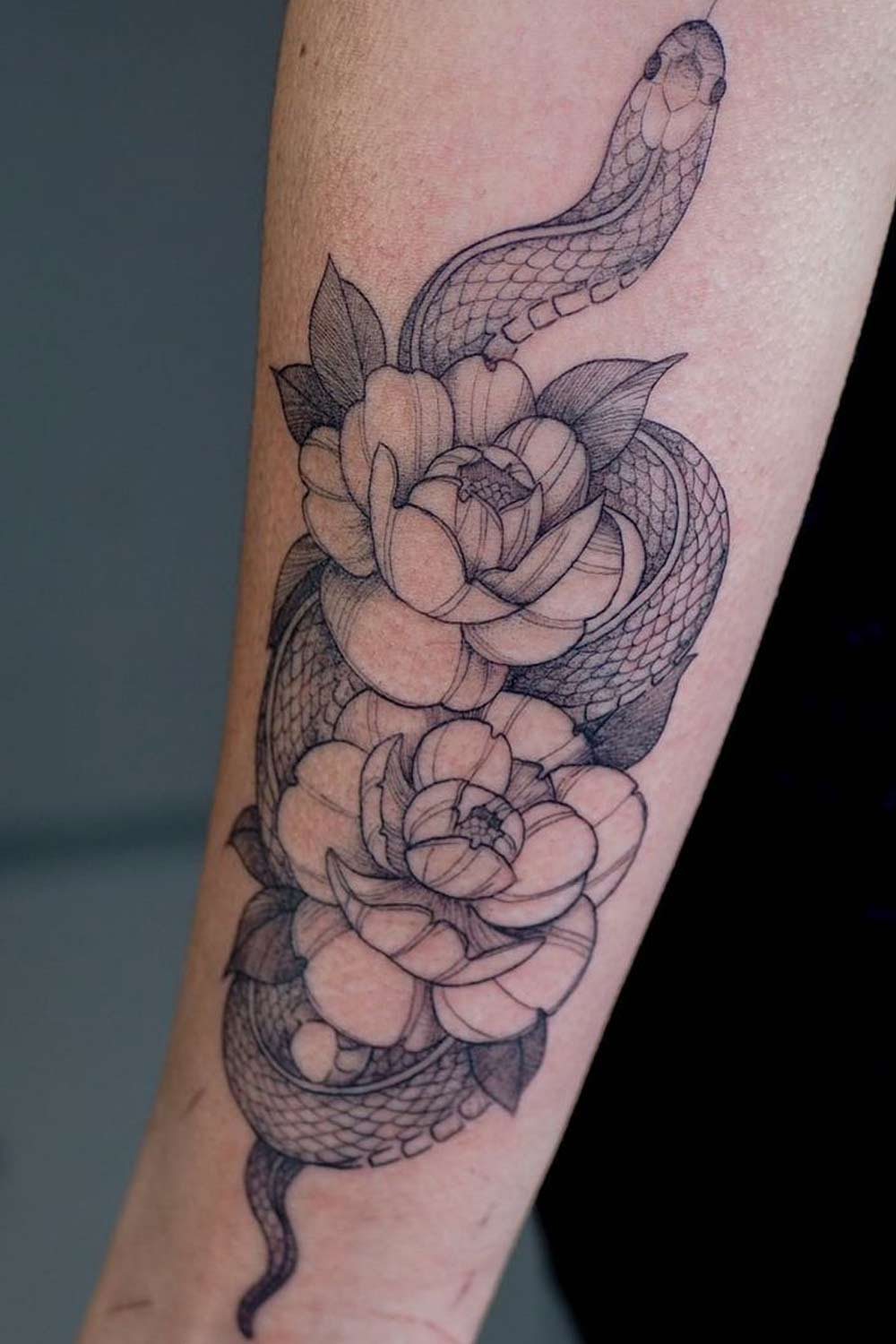 Snake with Peonies Tattoo Design