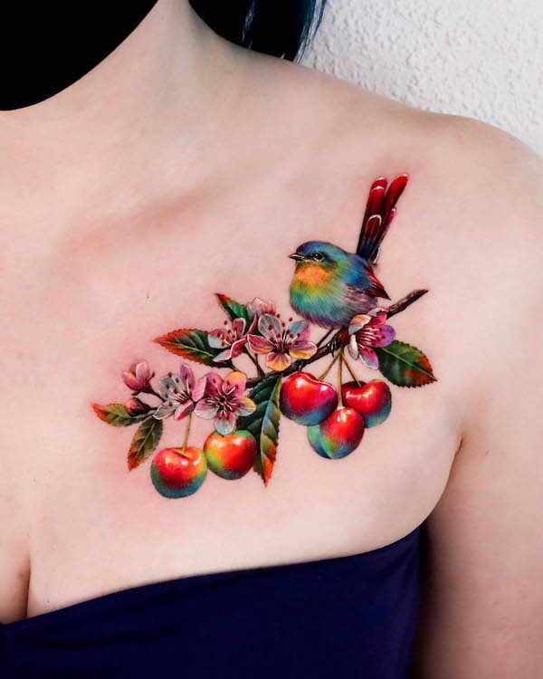 Whimsical side chest bird tattoo by @non_lee_ink